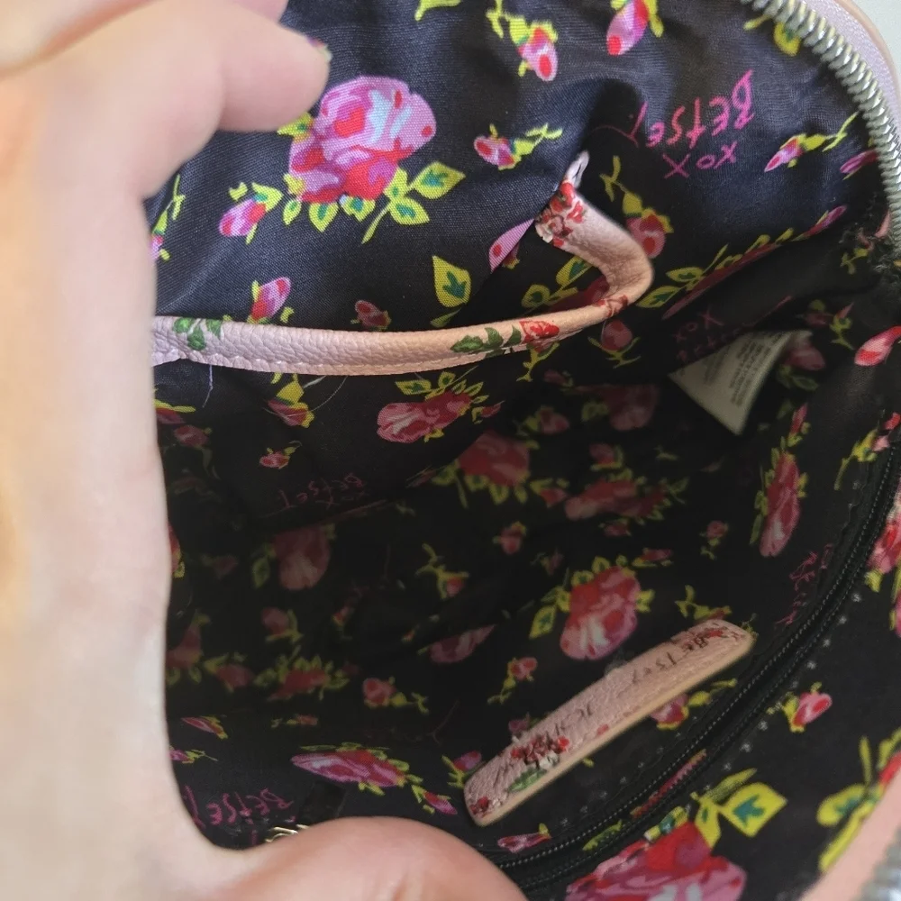 Betsey Johnson pink floral roses faux leather cross body with chain bow accent - Picture 9 of 12